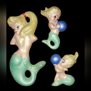 RARE Mermaid Ceramic Set /3 Vtg 50s 60s MCM Wall Hangings \ Chalkware